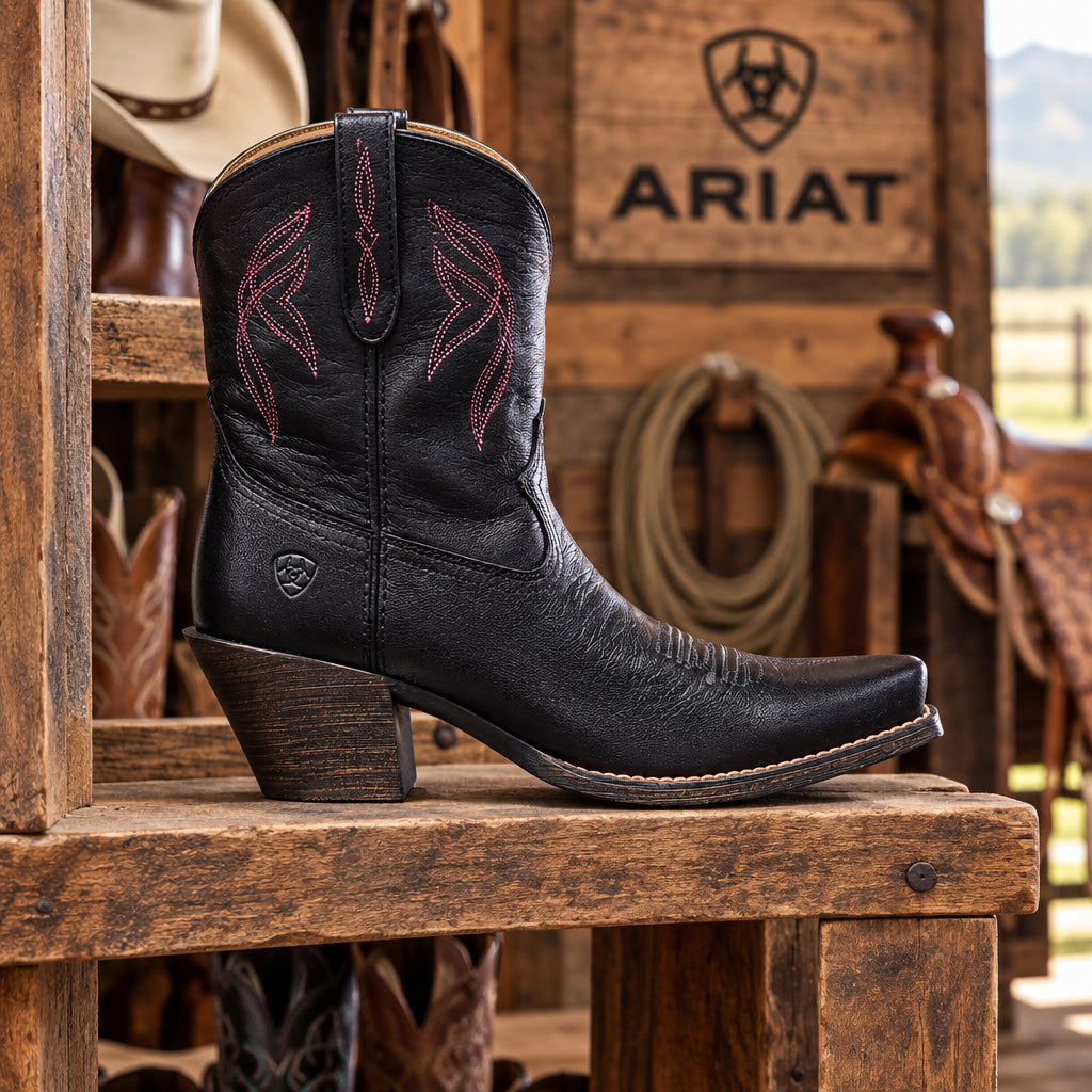A black Ariat Lovely style leather cowboy boot with pink stitching.