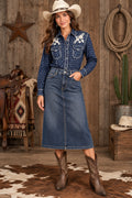 A blue patterned denim western-style shirt jacket with white floral embroidery on the chest.