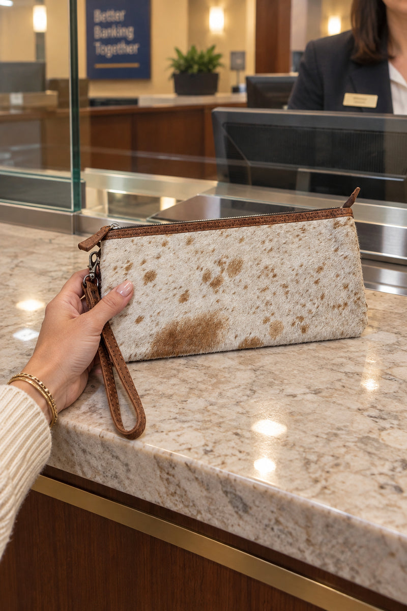 A cowhide wristlet clutch with brown leather trim and strap.
