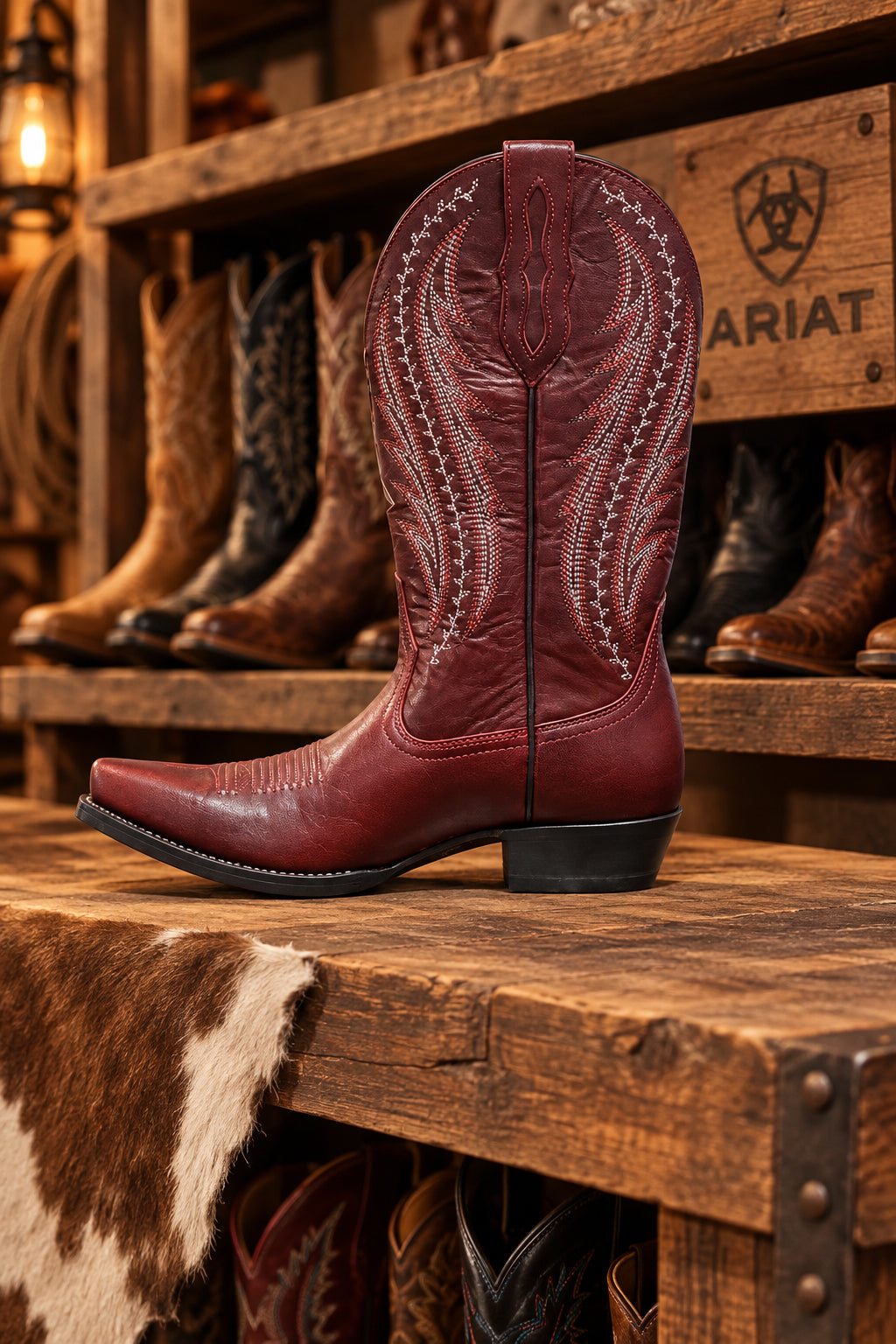 A red-burgundy leather cowboy boot with decorative stitching.