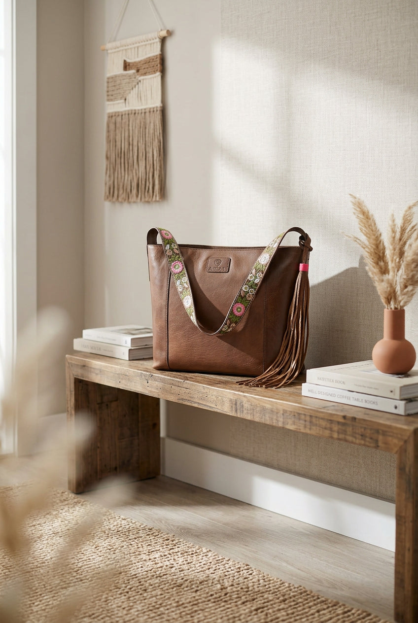 A brown leather shoulder bag with a floral-patterned strap and has a long brown leather tassel hanging from the side.