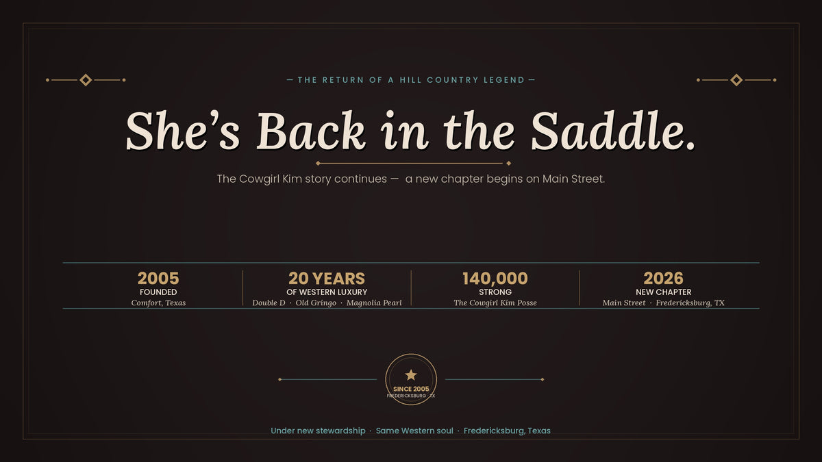 A dark brown promotional graphic with white and gold text reading 'She’s Back in the Saddle.' and smaller text about The Cougar Kim story and anniversary details, including 2005, 20 years of Western luxury, 140,000 strong, and 2026 new chapter.