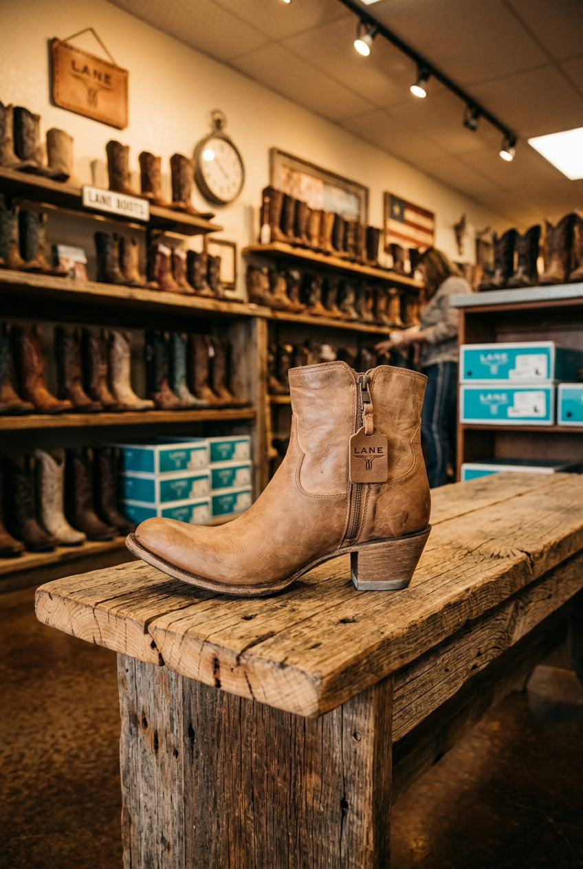 Lane Layton bootie western boot with a low block heel and side zipper.
