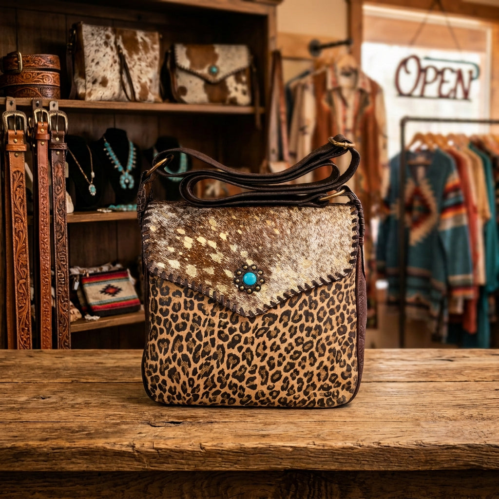 A shoulder bag with a split animal-print flap in leopard and cowhide patterns, featuring a turquoise stone accent and a black leather strap.