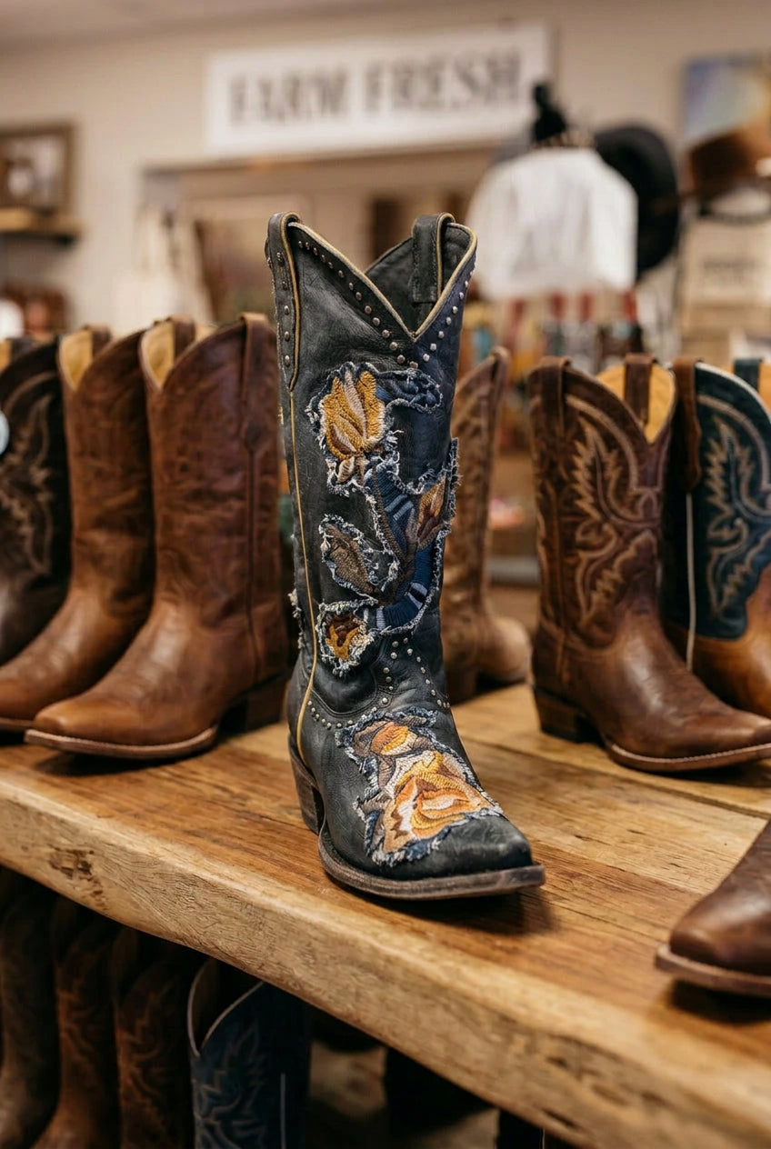 A western-style cowboy boot with dark blue leather and intricate gold, brown, and silver embroidery.