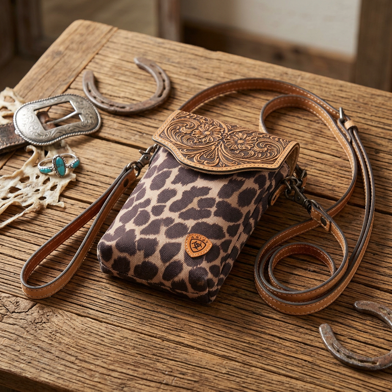 Ariat Tooled Leather and Leopard Cell Case Crossbody Bag - Cowgirl Kim