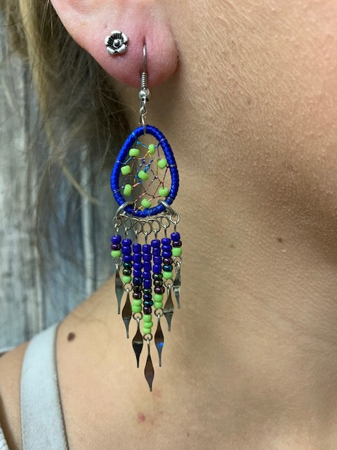 Cowgirl Kim Medium Boho Dangle Earrings - Blue & Lime