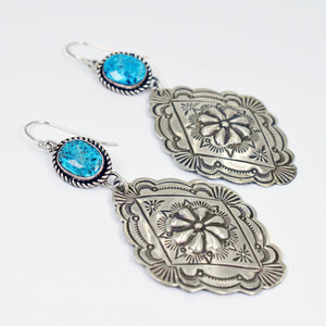 Vicki Orr Vintage 2 Tier Kingman Turquoise and Sterling Silver Concho Dangle Earrings - Cowgirl Kim