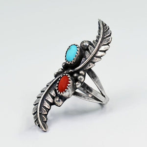 Vicki Orr Vintage Sleeping Beauty Turquoise and Coral Feather Statement Ring - Cowgirl Kim