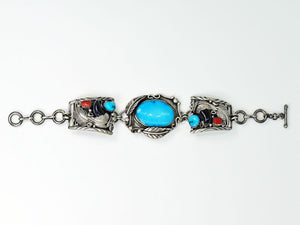 Vicki Orr Vintage Kingman Turquoise, Coral, and Bear Claw Watch Bracelet - Cowgirl Kim