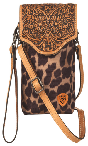 Ariat Tooled Leather and Leopard Cell Case Crossbody Bag