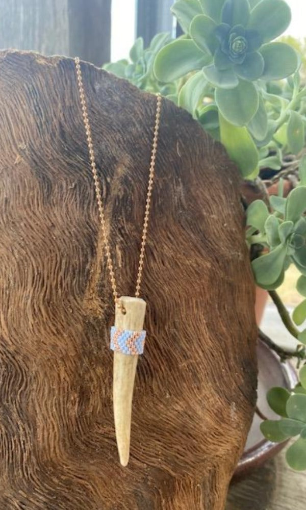 Heather Ford Blue Beaded Antler Tip Necklace
