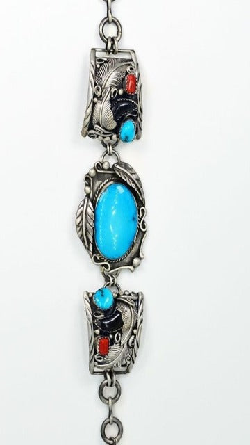 Vicki Orr Vintage Kingman Turquoise, Coral, and Bear Claw Watch Bracelet - Cowgirl Kim