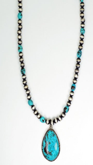 Vicki Orr  Vintage Turquoise Stormy Mountain Pendant w/ Navajo Pearl and Kingman Beaded Necklace - Cowgirl Kim