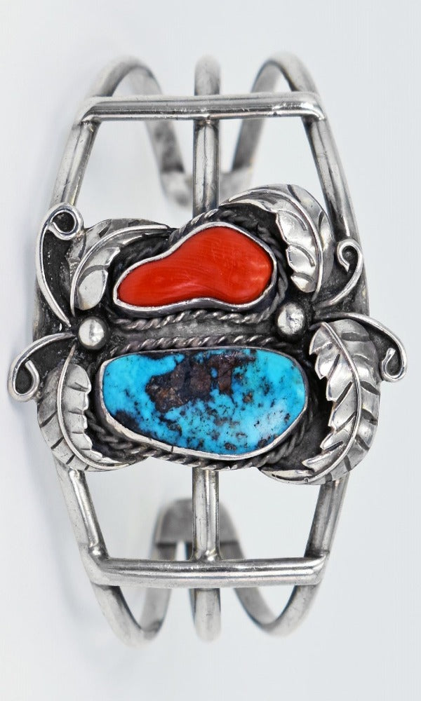 Vicki Orr Vintage Stormy Mountain Turquoise and Branch Coral Navajo Cuff