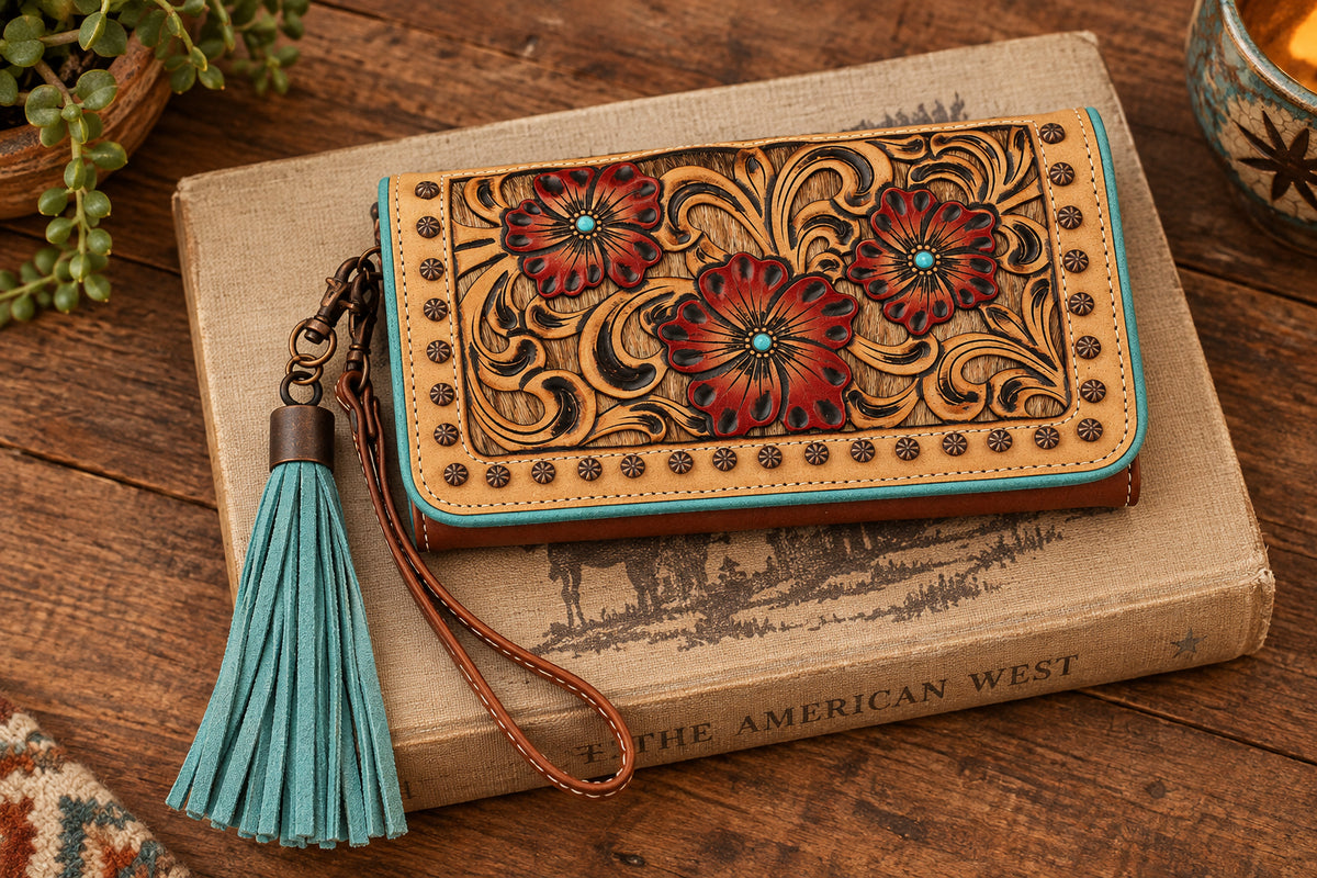 A tan calf hair clutch wallet with tooled floral overlay featuring red flowers and a turquoise fringe tassel, with a brown faux leather Snap closure.