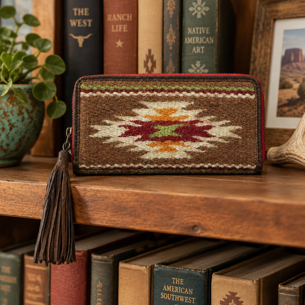Ariat Sheridan clutch wallet by M &F Western Products. Handwoven fabric on the front flap with a snap closure.