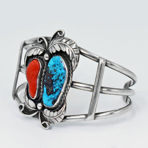 Vicki Orr Vintage Stormy Mountain Turquoise and Branch Coral Navajo Cuff
