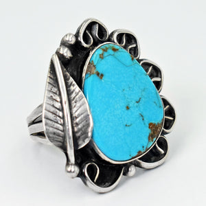 Vicki Orr Vintage Navajo Kingman Turquoise Feather Ring - Size 9.5