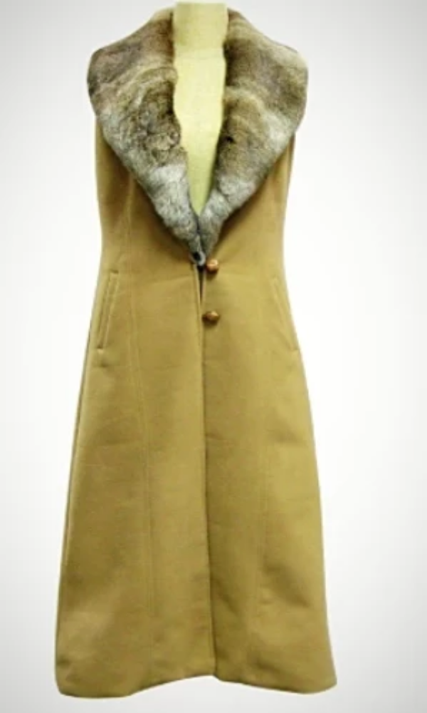 Cowgirl Kim Camel Wool Long Vest w/Natural Brown Rex Rabbit Collar - Cowgirl Kim