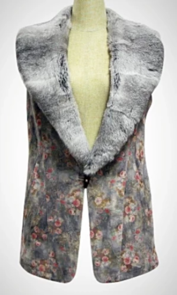 Cowgirl Kim Leather Italian Foil Vest w/Natural Grey Rabbit Fur-size M