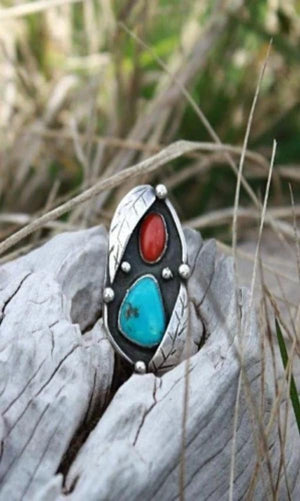 Vicki Orr Vintage Turquoise and Coral Ring - Cowgirl Kim